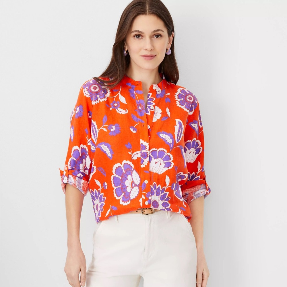 Floral Linen Relaxed Roll Tab Perfect Shirt